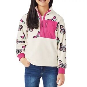 Size L (10) Girls' Cream Butterfly Half-Zip Pullover with Pink Pocket